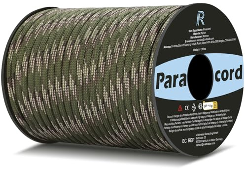 Romon 9-Kern Paracord 550 4mm 100m Rolle Armee Grün Camo | 250kg Nylon Seil für Outdoor, Camping, Survival, Basteln, Hundehalsband