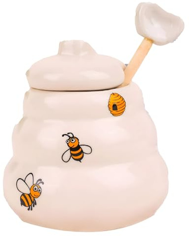 Packool Ceramic Honey Jar with Wooden Dipper, Farmhouse Style Honey Dispenser for Kitchen and Gifts, 12 oz Bee Decor Honey Pot, Cute 3-Tiered Design Honey Container