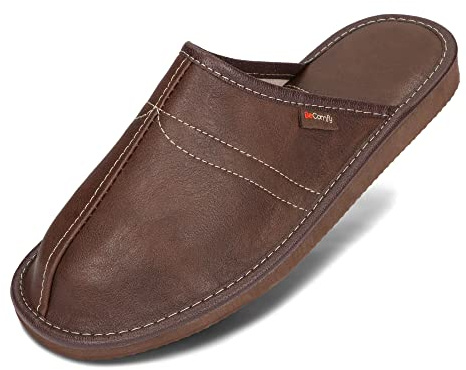 BeComfy Zapatillas de casa Para Hombres Cuero Genuino | Ligera y Suave | Disponible EN Tres Colores y con Caja de Regalo 40-46 EU Modelo FM82 (45, Marrón)