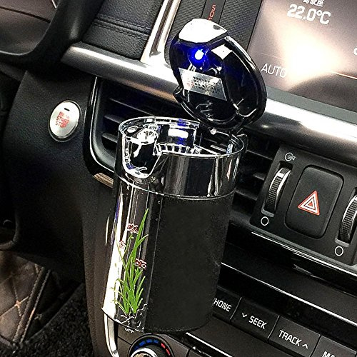 FMS Tragbare Auto Aschenbecher mit deckel und blauer LED Licht für Getränkehalter oder lüftung (Schwarz)