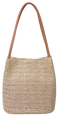 Aphoraeny Stroh-Strandtasche, Eimer, Totes, Handtasche, Schultertasche, Stroh, Geldbörse, Sommergeldbörse, Damen, Sommerhandtasche, A-Dunkelbeige, Large
