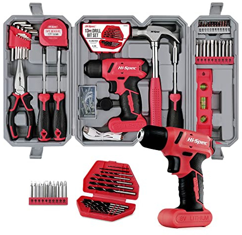 Hi-Spec 57Pcs 8V USB Cordless Electric Screwdriver and Home Tool Kit, Red | Speeds Furniture Assembly, Comfortable Cordless Control, LED Work Light, USB Charging, Organized Storage