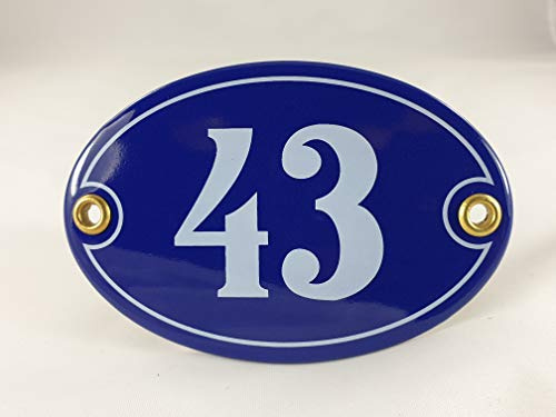 Emaille Hausnummer Schild Nr. 43, oval, Blau-Weiß Handarbeit