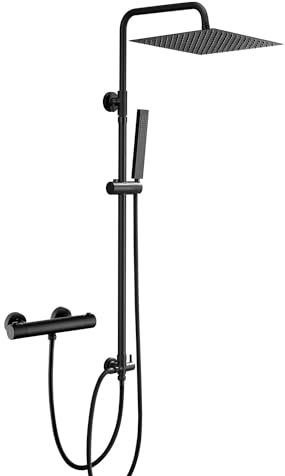 Görbach Colonne de Douche en Acier inoxydable avec Mitigeur Thermostatique, Ensemble de Douche Pluie Mural avec Douchette Salle de Bain et Pommeau Douche 30x30 cm Noir
