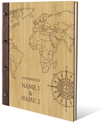 Stammbuch Gravur individuell Bambus Cover mit Echtleder Rücken und Extras Stammbuchformat hoch 175 x 220 mm - Weltkarte