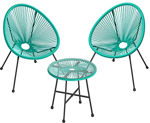 SONGMICS Salon de Jardin, Lot 3 Meubles de Terrasse, Chaises d'Extérieur Acapulco, avec Table en Verre, Turquoise GGF013C02