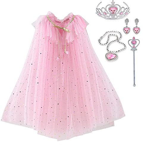 skyllc Prinzessin Umhang Mädchen,Verkleidung Mädchen Prinzessin | Kostüm Prinzessin Mädchen mit Krone Halskette Ohrringe Zauberstab,Party Kostüm Karneval Cosplay für Mädchen Halloween Kostüm