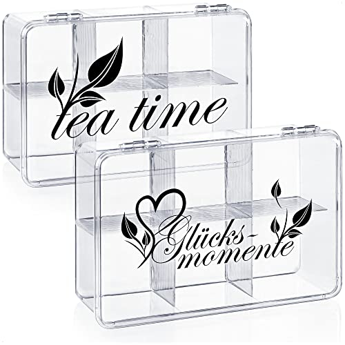 com-four® Scatola Porta Tè in Plastica Trasparente con 6 Scomparti per Bustine - Set da 2 Pezzi (Glücksmomente & Teatime)