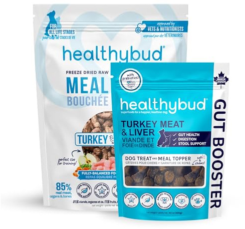 healthybud Turkey Gut Booster Dog Treats 4.6oz for Sensitive Stomach, Freeze Dried Dog Food Turkey Bites 14.1oz