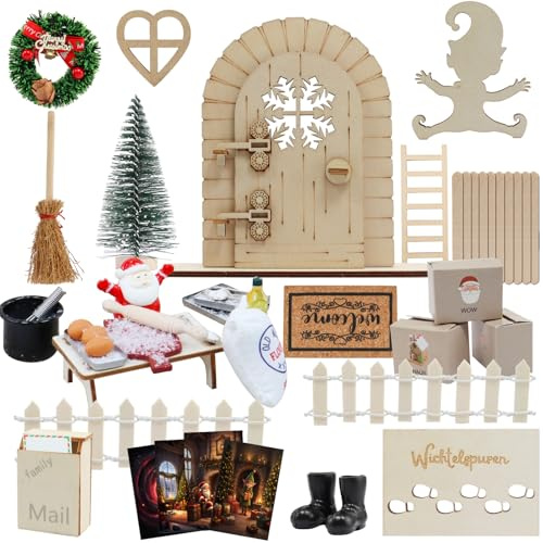Roselee Wichteltür Set 46 Stück Wichteltür Zubehör Weihnachten Miniatur Wichtel Zubehör Set inkl. Backset, Magisches Tür Briefumschläge, Kinderzimmer Dekoration für Weihnachten Advent DIY
