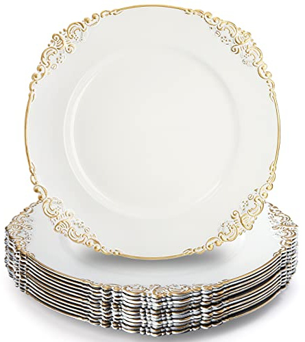 Okllen 12 Pack Plastic Round Charger Plates, 13 Dinner Charger Dessert Plates with Gold Rim, Vintage Charger Serving Plates for Catering, Wedding, Tabletop Decor, White, Floral Trim