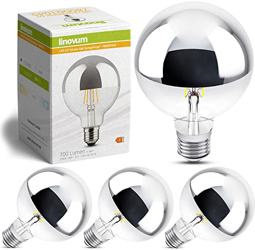 linovum LED Kopfspiegellampe 4er Set E27 Globe G80 2700K warmweiß 7W | Vier verspiegelte Filament-Lampen - blendfreies warmes Licht 2700K, G80-Form, für Hänge- & Tischleuchten, wie 70W Halogen