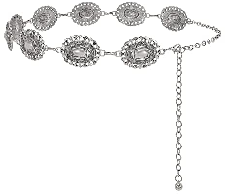XZQTIVE Frauen Boho Kette Gürtel für Kleider Jeans Western Cowgirl Taille Links Gürtel Oval Metall Silber Concho Gürtel