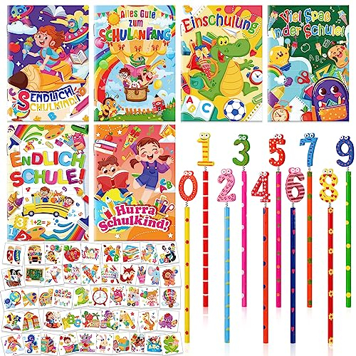 HOWAF Schultüte Füllung, Mini Endlich Schulkind Notizbuch Bleistifte Schulanfang Tattoos Einschulung Tattoo Kinder Geschenke für Schulanfänger Einschulung Geschenk Schulanfang Geschenke Mädchen Jungen