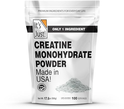 It's Just! - Creatine Monohydrate Powder, Pure Creatine Powder, Made in USA, 3rd Party Lab Tested, 5g Per Serving, Scoop Included, No Fillers, No Added Flavor (Unflavored, 500g / 100 Servings)
