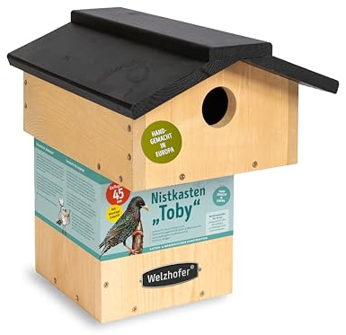 Welzhofer Nistkasten Toby, Vogelhaus mit 45mm Einflugloch, handgemacht in Europa, für Stare und viele weitere Höhlenbrüter, Bunt- & Mittelspechte, katzensicheres Vogelhaus