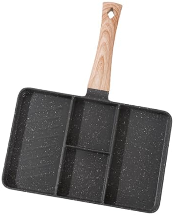 Aluminum 4 Section Non Stick Frying Pan, Suitable for Omelette, Steak, Maifan Stone Coating, Lightweight, Wooden Handle, Divided Grill, 4 Sections Egg, Breakfast Pan for Induction Cooker