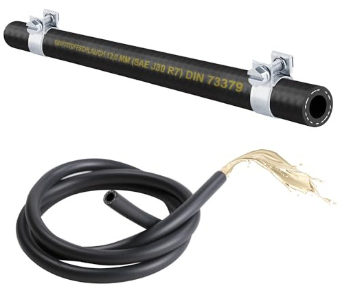 Tuyau de Carburant (12 mm) 1 x Mètre pour Essence, Diesel (SAEJ30R7 DIN 73379) - 2 x W1 Mini Colliers de Serrage (Intérieur 12,0 mm/Extérieur 19,0 mm)