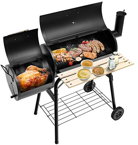GOPLUS 2 en 1 Barbecue au Charbon de Bois avec Fumoirs Poignée Pratique,Chariot Grille à Barbecue de Bois pour Roti Étagère de Rangement en Bas, 2 Roulettes,116X61X105,5CM,Noir