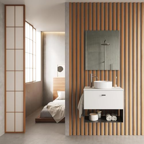 AMIZUVA - Conjunto de Mueble de Baño Suspendido Mei con 1 Cajón y 1 Estante - Anchura 60 cm - Incluye Lavabo Cerámico y Espejo- Acabado en Blanco Opaco - Muebles de Baño con Lavabo y Espejo