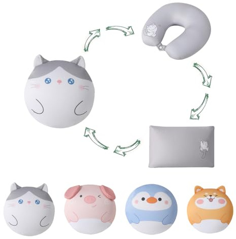 JOYRAVO Almohada de Viaje para niños, Almohada para Dormir, Juguete de Peluche 3 en 1, Almohada transformable para el Cuello, Almohada en Forma de U para Viajes en avión (Gato Gris)
