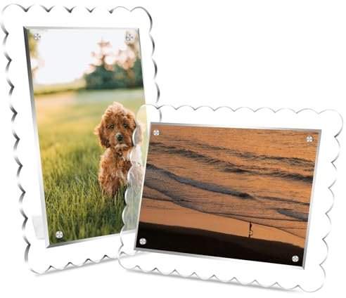 2 Pack Acrylic Picture Frame 5X7 Magnetic Scalloped Clear Photo Frames Vertical and Horizontal Free Standing Desktop Display