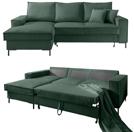 Modernes Cord Ecksofa B240/T150/H92 cm mit Schlaffunktion und Bettkasten, Wellenunterfederung, L-Couch mit Recamiere links, Liegefläche 125x198 cm, Cord-Bezug in Grün / 17224