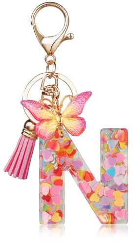 OSDUE Porte-clés pour Fille Lettre,Porte-clés pour Femme avec Lettre Initiale Lettre en Résine avec pendentif papillon et pampille pour Femmes Filles Portefeuilles Sac à Main Charm,N