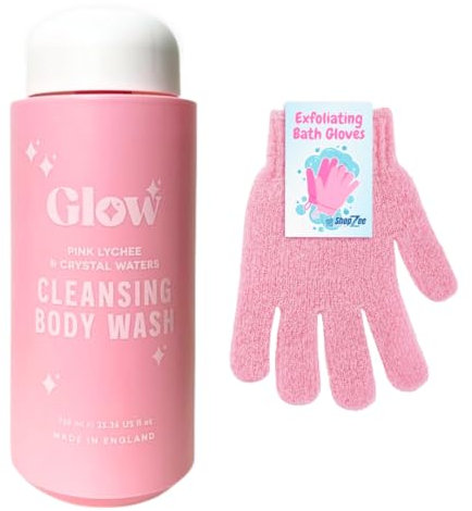 Glow Cleansing Body Wash 750ml and ShopZee Exfoliating Bath Gloves Set | Gel-Based Shower and Bath Formula | Exfoliated, Hydrated, Glowing Skin | Made in the UK (Pink Lychee & Crystal Waters)