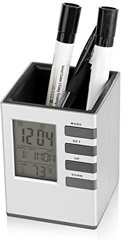 Jwthee Portapenne da scrivania, orologio da scrivania a LED, portapenne, termometro digitale per interni e monitor di umidità, organizer da scrivania per l'home office