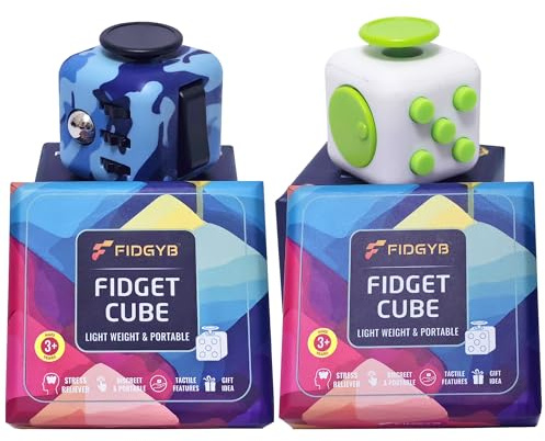 FIDGYB 2er-Set Fidget Cube – Glattes, geräuscharmes Sensorik Spielzeug für Fokus & Stressabbau [Tarnmuster + weiß grün]