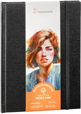 Hahnemühle Watercolour Book Deckle Edge, Aquarellbuch mit gerissenen Rändern, 100% Baumwolle, 250 g/m², matt, 30 Blatt/60 Seiten (ca. 15,3x20,5 cm/Portraitformat)