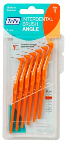 Cepillo interdental TePe Angulado, naranja, 0,45 mm/ISO 1, 6 ud., limpieza interdental, eliminación de placa dental con espacios estrechos, garantiza unas encías fuertes