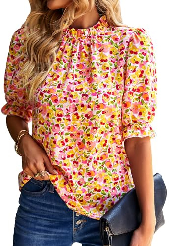 Awemeal Damen Sommer Boho Bluse Oberteil Elegant Rüschenbesatz Stehkragen Tuniken Blusenshirt Volant Kurzarm Casual Tunika T-Shirt Blumen Strand Top Shirt (M, Rosa)
