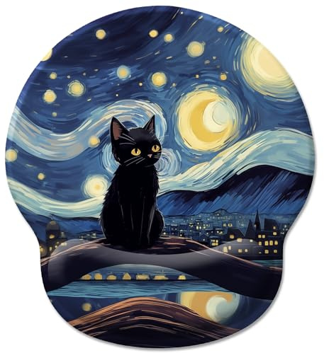 Hancynir Tapis de souris ergonomique en gel avec repose-poignet et motif chat noir, motif nuit étoilée, tapis de souris pour ordinateur avec base antidérapante en polyuréthane, confortable
