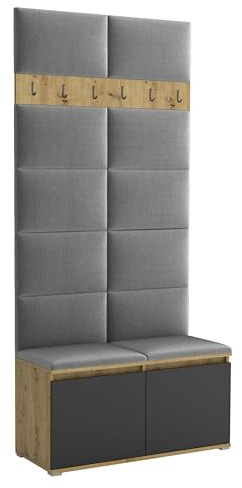 Brent - Garderobenschrank Flur Artisan Eiche Schwarz mit sitzbank 100 cm Breit Luton 1 - Multifunktionale Flurgarderobe Set mit Stauraum und Wandpaneel, Garderobe mit Sitzfläche und Kleiderhaken