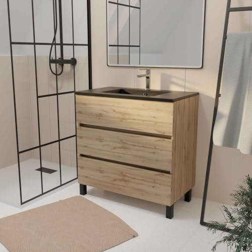 Meuble de salle de bains 80 cm 3 Tiroirs Chêne Naturel + Vasque Céramique Noire - TIMBER