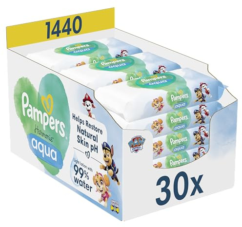 Pampers Harmonie Aqua Baby-Feuchttücher Paw Patrol, 1440 Tücher (30x48 Stück), helfen, den natürlichen pH-Wert der Haut wiederherzustellen, leichte Lotion mit 99 Prozent Wasser