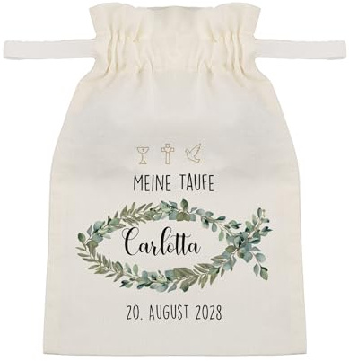 Herz & Heim® Personalisierter Geschenkbeutel für kirchliche Feste – Stoffbeutel mit Name, Datum & Anlass – Baumwollsäckchen für Anlässe wie Kommunion, Konfirmation oder Firmung – Motiv Eukalyptus
