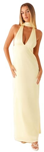 LYSINK Women Halter Floral Tube Maxi Dress with Scarf Sexy V Neck Y2K Backless Silk Satin Party Long Dress Summer Sundress (Ba Yellow, S)