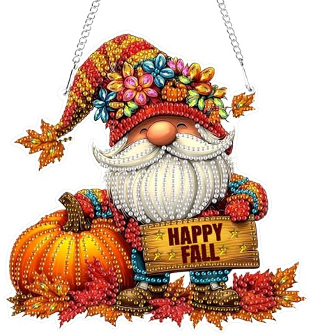 GHHKUD Herbst Zwerge Diamond Painting Fensterbilder Beidseitige, Halloween Diamond Painting Anhänger mit Kette, Diamant Malerei Bilder Kristall Anhänger Kits für Eingang Fenster Wand Decor