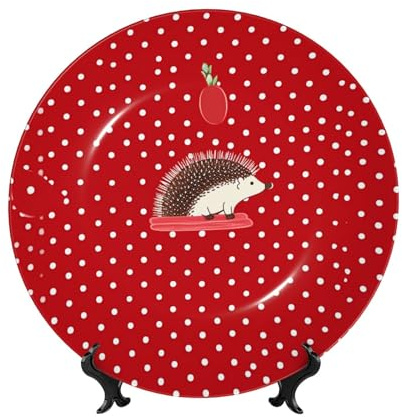 HJTRW Assiette décorative en porcelaine anglaise avec support de présentation - Ornement en céramique - Motif hérisson à pois rouges - Assiettes rondes à suspendre au mur pour la maison et le bureau