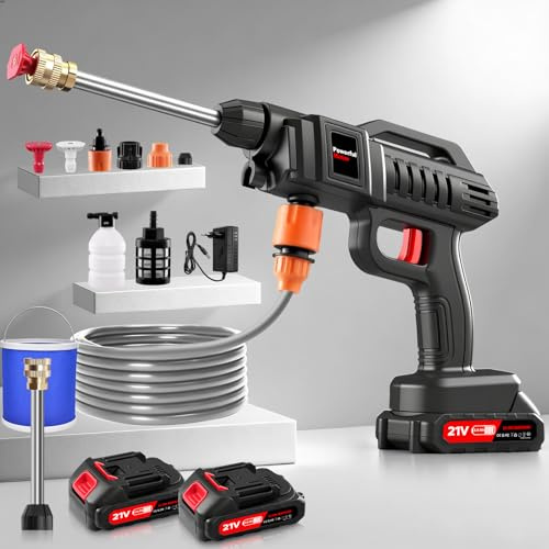 Viugreum 1500W Nettoyeur Haute Pression sans Fil avec 2 * 2Ah Batterie, 21V Nettoyeur Haute Pression Portable avec 2 Buses (0°,40°), 5m Tuyau, Seau, Connecteur, Pot en Mousse Adapté pour Nettoyer