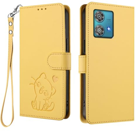 WBWONE Funda Cartera para Motorola Moto Edge 40 Neo, Carcasa Magnética con Diseño Gato Lindo, Cubierta TPU Cuero, Bumper Antigolpes & Ranuras Tarjetas - Amarillo