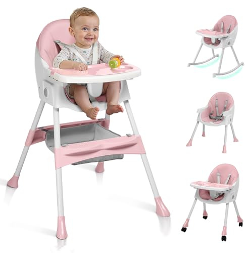 LEADZM 3 in 1 Babyhochstuhl, Verwandelt sich in einen Schaukelstuhl, Abnehmbares Doppeltablett, Faltbarer Hochstuhl Baby mit Lenkrollen und Aufbewahrungskorb, für Babys 6-36 Monaten (Rosa)