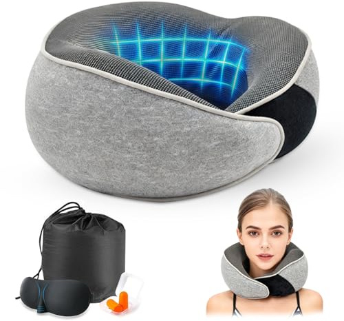 Pmueuff Coussin de Voyage, Oreiller de Voyage a Mémoire de Forme pour Adultes Coussin de Nuque Ergonomique avec Masque de Sommeil, Bouchons d'oreilles et Sac Transport pour Avion, Train, Voiture