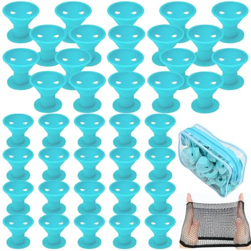 Silicone Hair Rollers Heat-Free Styling, 40 Pack (20 Large + 20 Small) with Hairnet in PVC Bag, Safe Hairdressing Tool for Women and Girls(light blue)