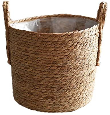 Hbbgdiy Cesta para Plantas de Pasto Marino, 35 cm, Tejida a Mano, con Forro de plástico a Prueba de Fugas, Almacenamiento de Ropa Tejida para Interior y Exterior, jardín, balcón, decoración del hogar