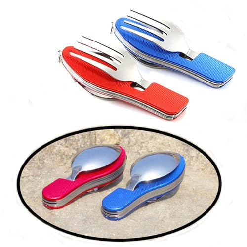 2 pezzi 4 in 1 coltello da campeggio in acciaio inox, forchetta, cucchiaio, apribottiglie - stoviglie pieghevoli portatili multiuso - cucina - utensili da campeggio da pranzo, blu, rosso