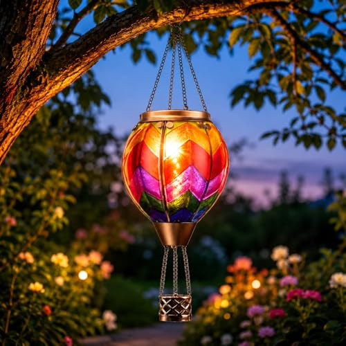 GlintBay 46cm Hot Air Balloon Solar Lantern,Colourful Solar Flame Lanterns,Solar Garden Light Auto On/Off,Waterproof Hanging Garden Ornaments for Patio,Yard,Gift, Outdoor Garden Decorations